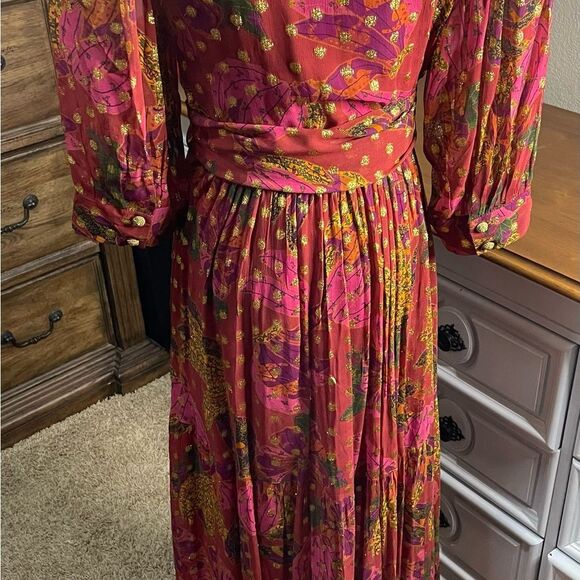 NWT- FARM Rio Red and Purple Sundress with Long Bishop Sleeves and V-Neck - Picture 3 of 6